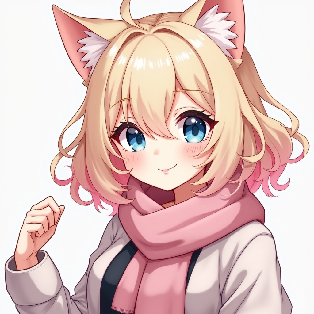 Anime character with wavy platinum blond hair and pink hue. Blue eyes and porcelain skin. Features cat ears. Wearing a scarf. Friendly expression.