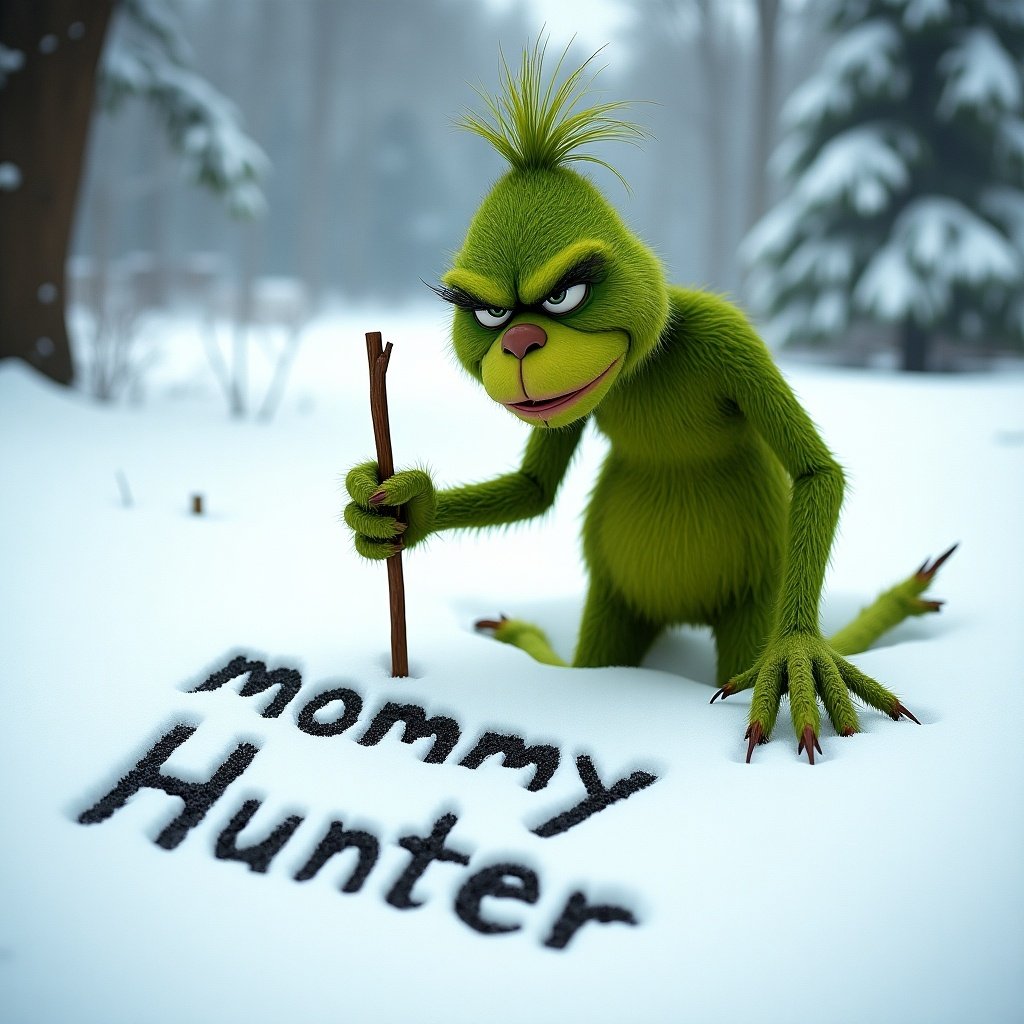 A whimsical green creature writing mommy and Hunter in the snow with a stick. Character has a mischievous demeanor. Snow-covered landscape surrounds the character.