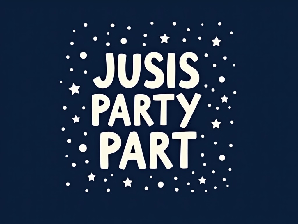 The image features a playful digital design showcasing the phrase 'JUSIS PARTY PART'. It is set against a dark navy blue background, creating a striking contrast. Surrounding the text are white dots that resemble twinkling stars, adding a whimsical touch. The bold, rounded lettering emphasizes a fun and inviting party atmosphere. This design is perfect for various celebratory events and promotions.