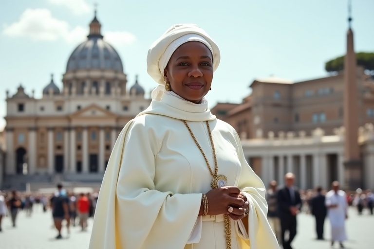 A woman dressed in white papal attire walking in St. Peter's Square at the Vatican with the basilica in the background. She looks confident and is surrounded by a crowd.