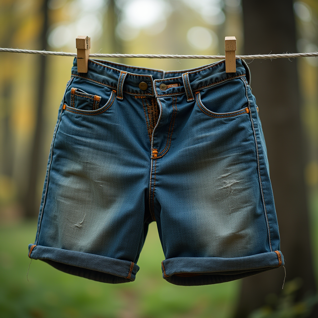 Blue denim shorts hanging on a clothesline in a forest setting.