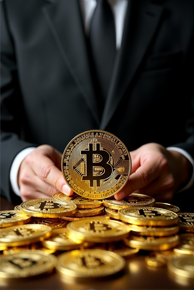 A person in a suit holds a large golden Bitcoin among a pile of coins.