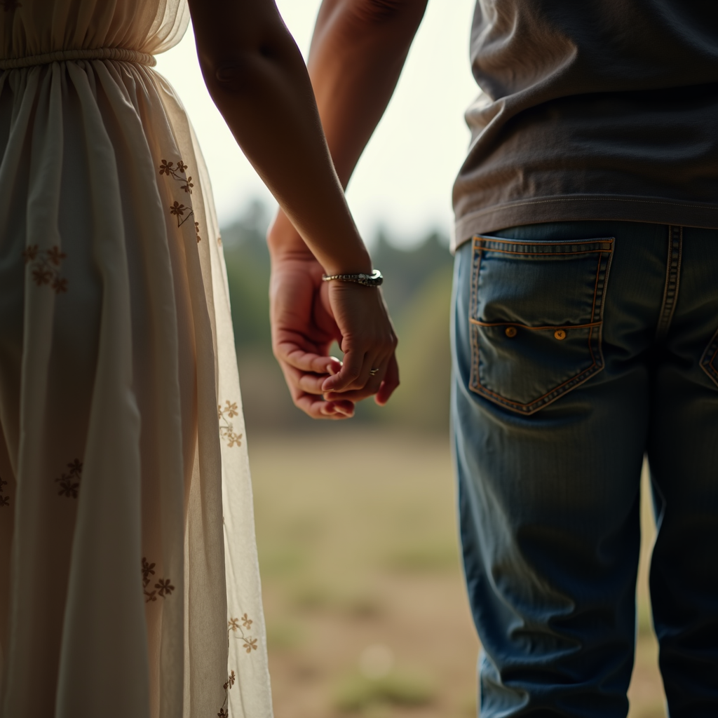 A couple holds hands while standing outdoors, dressed in a light dress and denim jeans.