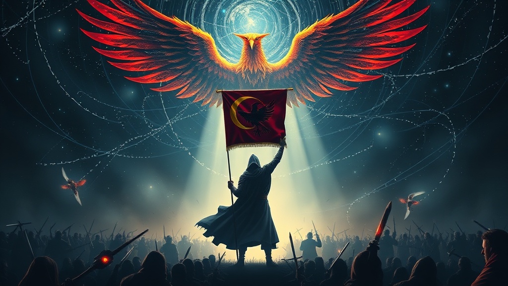 In this dramatic illustration, a lone figure stands amidst a crowd, holding a flag bearing a crescent moon and bird emblem. Above them, a massive, fiery phoenix spreads its wings, dominating the sky. The scene is illuminated by ethereal lighting, with swirling patterns adding to the mystical ambiance, evoking a sense of rebirth and empowerment.