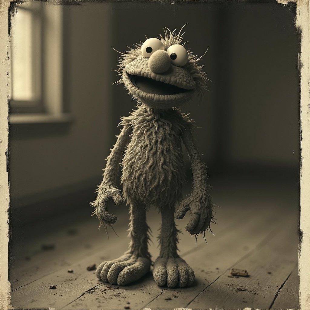 Character resembling a furry creature with large eyes and a wide smile stands alone in an empty room. Styled in a 1940s polaroid aesthetic. The setting lacks light creating a somber ambiance.