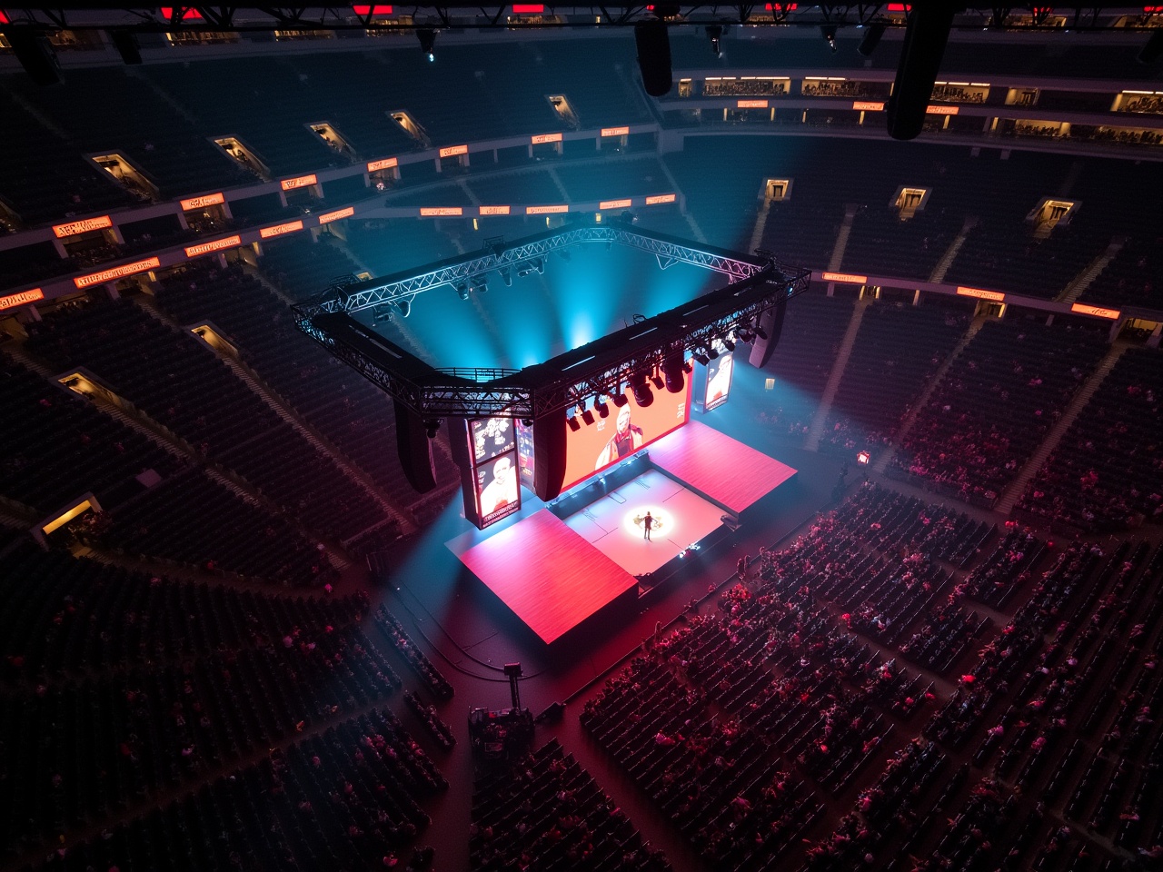 This image captures the expansive Madison Square Garden during a Travis Scott concert. The stage is prominently lit, creating a vibrant atmosphere, while the catwalk extends towards the audience. Viewers can see an array of empty seats, emblematic of the venue's scale. The lighting design is a mix of blues and reds, enhancing the dramatic ambiance. This aerial perspective provides an overview of the excitement and energy expected at a live performance.