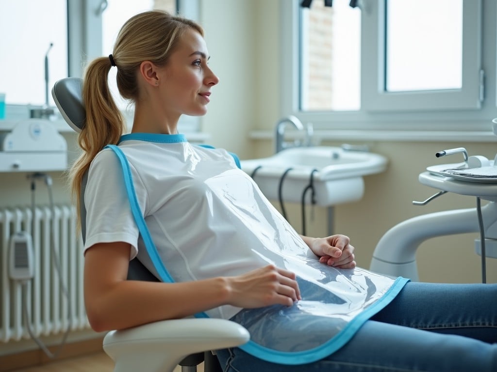 A young woman is sitting comfortably in a dental chair at a dental office. She is wearing a protective apron and seems relaxed while awaiting her dental check-up. The room is bright and inviting, with large windows allowing natural light in. In the background, dental tools and equipment are visible. The environment feels professional yet comfortable, creating a positive impression of dental care.