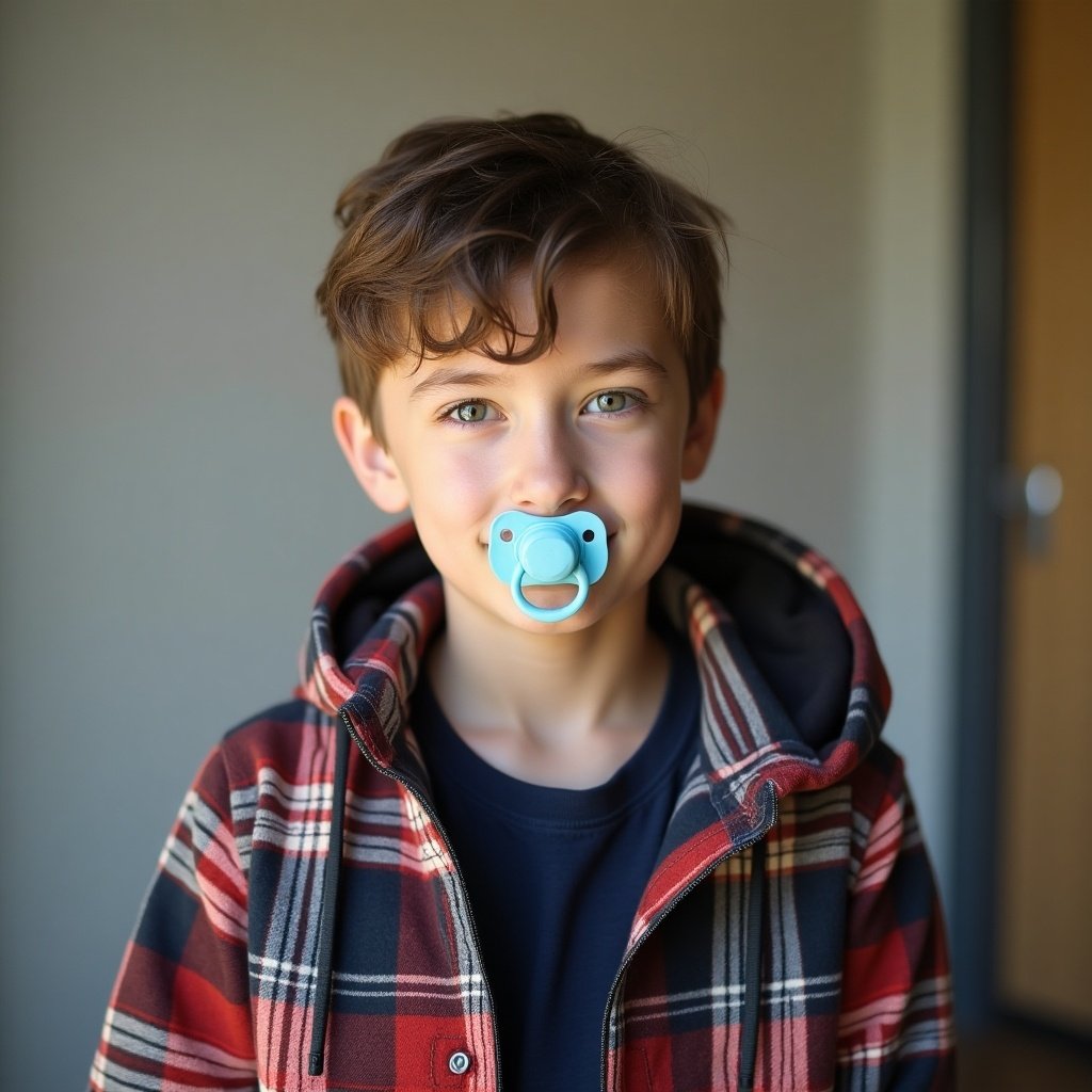 Teenage boy wears a checkered jacket. He poses with a pacifier in his mouth. The setting appears casual and lighthearted.