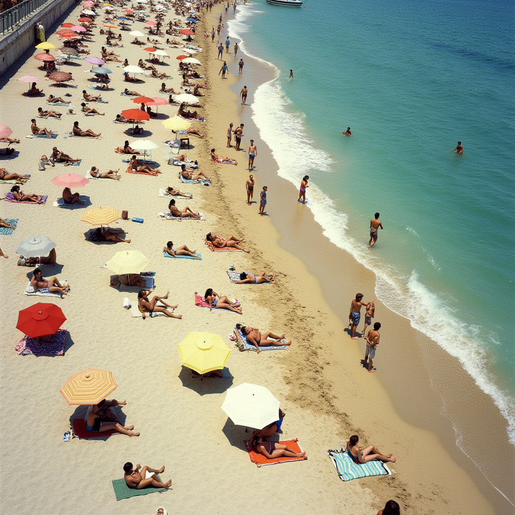 A vibrant beach scene with colorful umbrellas and people enjoying the sunny day along the shoreline.