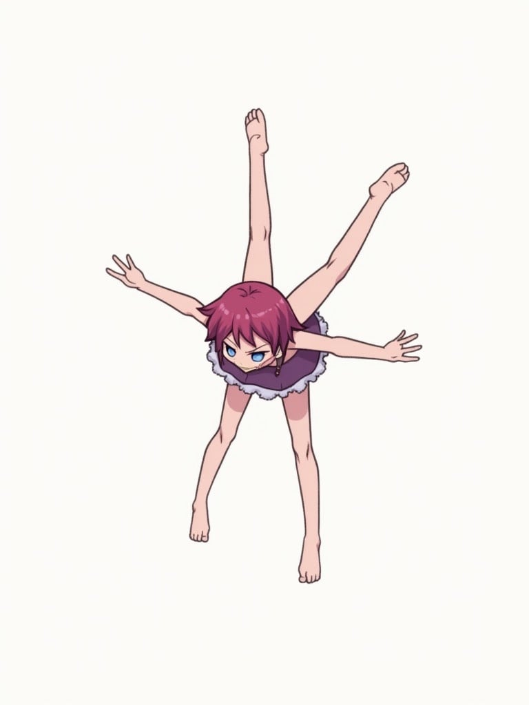 Cute girl has reddish purple hair and pointy ears. She has four arms and long legs. Stands hunched while stretching body. Wears a dress bra and shorts.