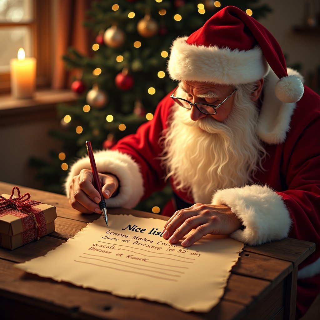 Santa writes on parchment with Nice List title. Scene is warm and festive with Christmas decorations. The list mentions Lenora and Brooks.