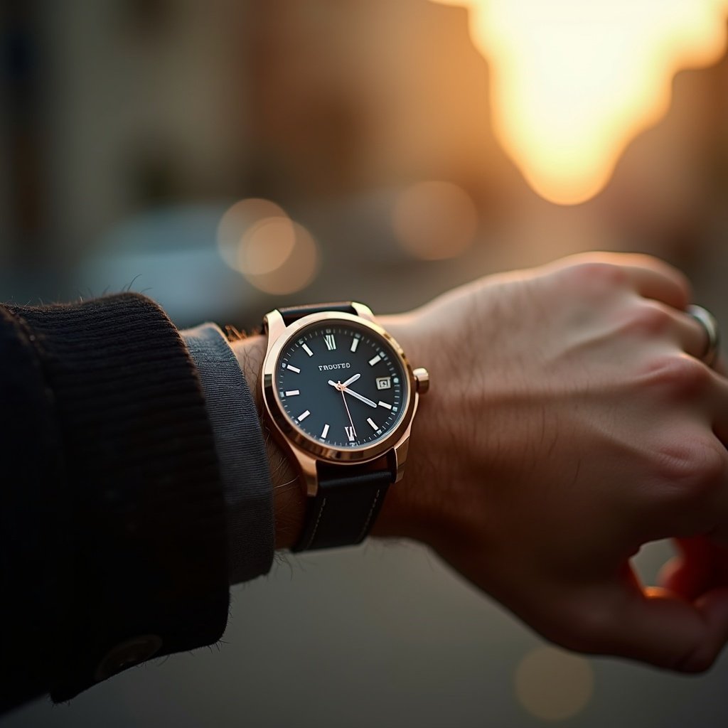 A watch is worn on a wrist in sunlight. Close-up of a stylish watch with a black dial and rose gold case. The hand is posed as if preparing for a meeting. The background has a blurred cityscape lit by sunset.