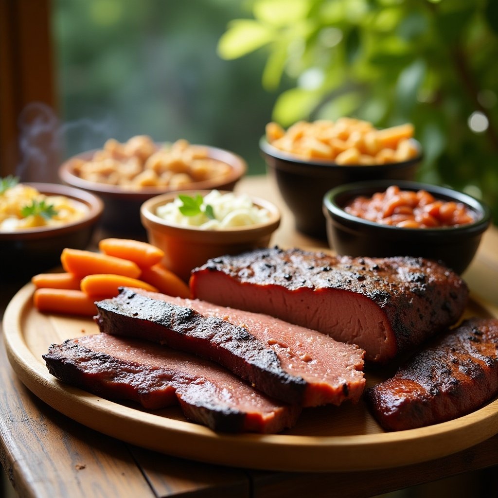 A plate with barbecue meat, side dishes, and vibrant colors. The focus is on smoked brisket and various sides.