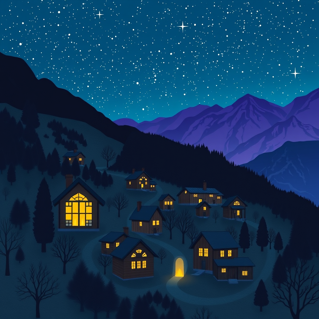 A serene mountain village at night, illuminated by warm lights with a star-filled sky overhead.