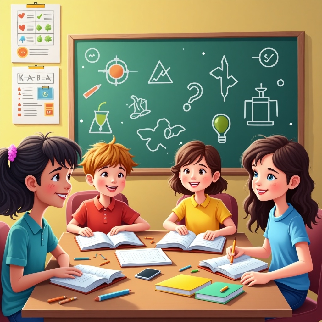 The image depicts four children engaging in a study session at a school. They are seated around a table filled with books, pencils, and notebooks. The background features a green chalkboard with various educational drawings and symbols. Each child is focused and smiling, highlighting a collaborative learning atmosphere. The bright colors and cheerful expressions convey an inviting and productive environment for learning.