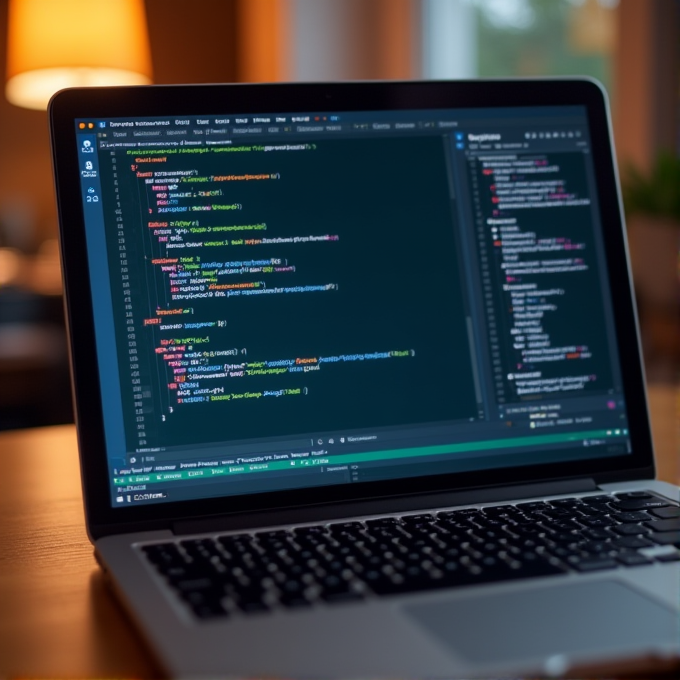 A laptop displaying a colorful, detailed code editor screen, illuminated by warm evening lighting.