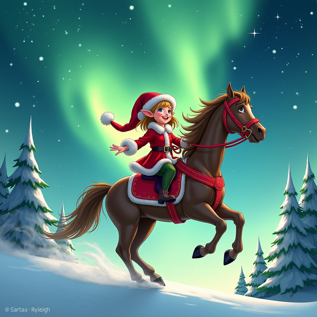 This illustration showcases a charming winter scene featuring a girl dressed as an elf. Known as Santa Ryleigh, she rides joyfully on a horse. The backdrop is painted with stunning northern lights that illuminate the wintry sky. Snow-covered trees dot the landscape, accentuating the festive mood. The elf's bright expression radiates joy and wonder, capturing the essence of the holiday season perfectly.