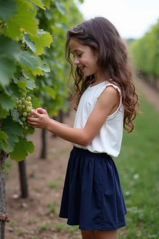 A girl stands beside a grapevine. She inspects grapes by hand. She has long curly dark brown hair, wearing a white top and dark blue skirt. Pink ankle socks and girlish shoes complement her outfit. She appears engaged and joyful.