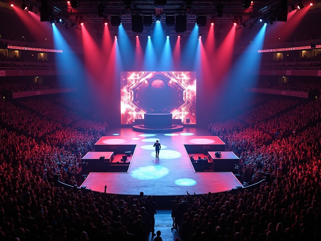 The image depicts a vibrant concert featuring Roddy Ricch. It shows a packed Madison Square Garden, with an electrifying atmosphere. The stage has a unique T shape, providing an intimate performer experience. Colorful lights illuminate the stage and audience, creating a dynamic backdrop. The aerial perspective gives a broad view of the event, capturing the excitement of live music.