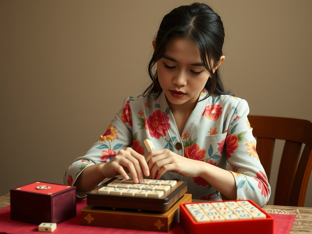 A woman in floral attire is focused on arranging mahjong tiles at a table.