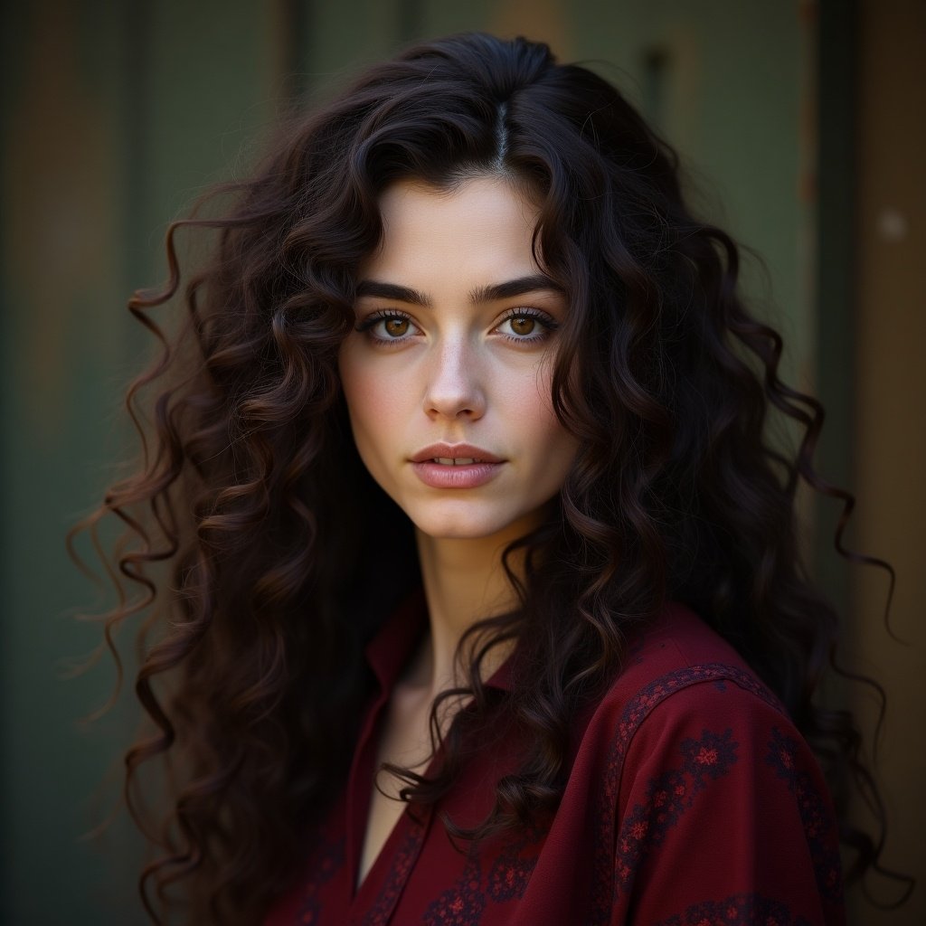 Character inspired by Arcane with curly dark brown hair and pale skin. Focus on hair texture and clothing style. Background hints at a fantasy setting.