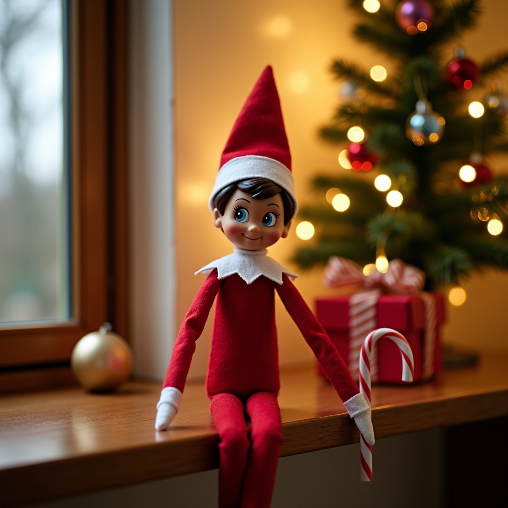 Elf doll sitting on a windowsill near a decorated Christmas tree. Doll wears a red outfit with a white collar, holding a candy cane. Background shows warm festive lights and a gift box.