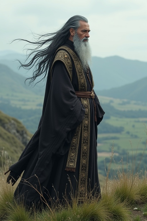 An old priest with long grey black hair dressed in a ceremonial robe standing on a hill. He appears stern and wise with a background of rolling hills.