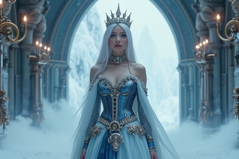 A mesmerizing steampunk ice queen stands in an ancient frozen palace. The palace features ornate brass and silver gears. She has long platinum-white hair and piercing ice-blue eyes. Her corset dress is metallic silver and deep sapphire blue. The dress is adorned with frost-covered gears and crystal embellishments. A delicate crown made of ice and gold filigree sits on her head. Steam rises from the ground as she steps forward. She leaves a trail of frost. The air is charged with icy energy. The palace's gothic arches are visible in the background against a vast frozen landscape.