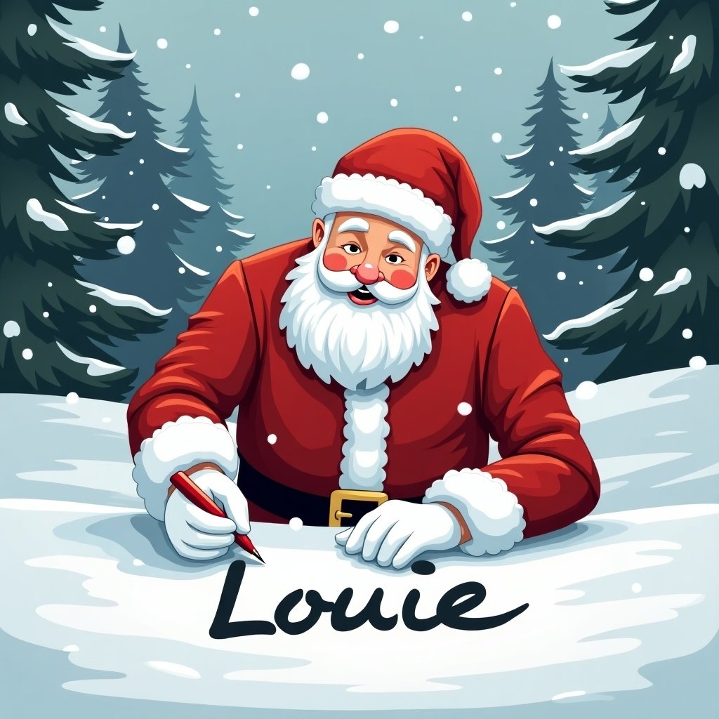 Santa Claus writes the name Louie in snow. The ground is covered with snow. Pine trees are in the background. Santa wears a red suit and white gloves. The scene depicts a cheerful holiday spirit.