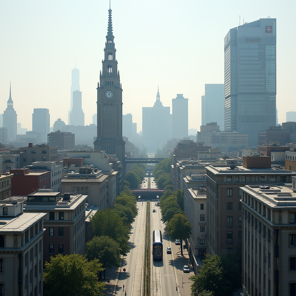 A bustling cityscape featuring a prominent clock tower, modern skyscrapers, and a tram running along a tree-lined avenue.