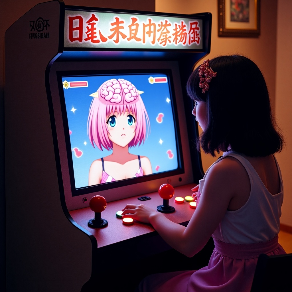 A small computer screen shows a video game with pink brains. The background features a 1990s arcade machine. Soft lighting adds to the atmosphere.