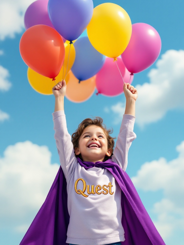 Child holding balloons in the air Child wears purple cape and shirt marked Quest Clear blue sky with fluffy clouds Picture evokes joy and adventure