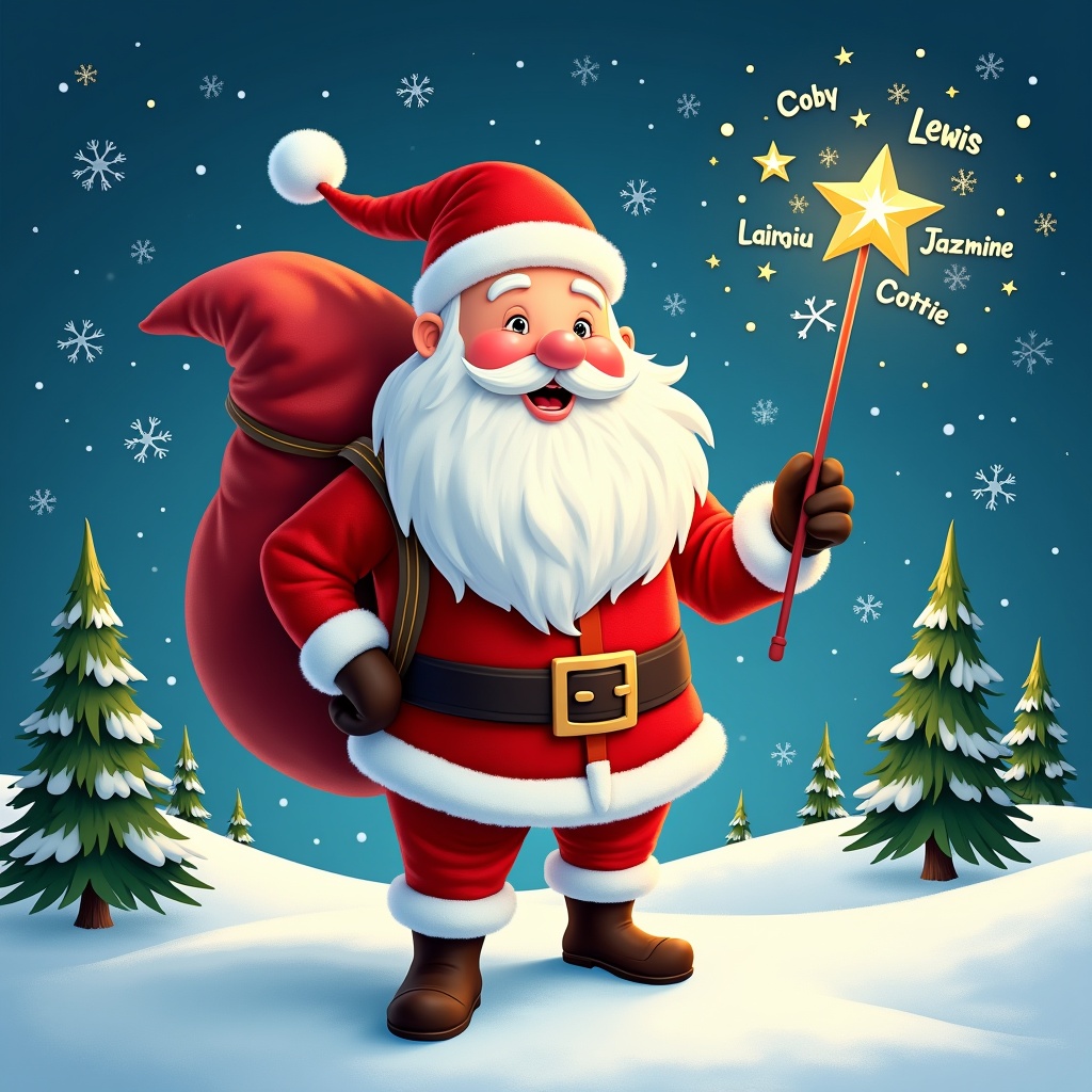 The image features a cheerful Santa Claus standing in a snowy landscape. He has a large red sack slung over his shoulder and is holding a sparkly wand. Santa is dressed in his traditional red and white outfit, complete with a belt and boots. Behind him, the night sky is illuminated with twinkling stars and the names Coby, Lewis, Jazmine, and Lottie. Pine trees dot the snowy ground, encapsulating a festive winter atmosphere.