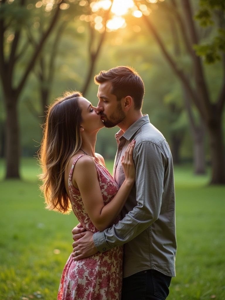 Couple shares a romantic kiss in a lush green park. Soft daylight creates a warm atmosphere. Surrounded by trees, the scene captures love and intimacy.