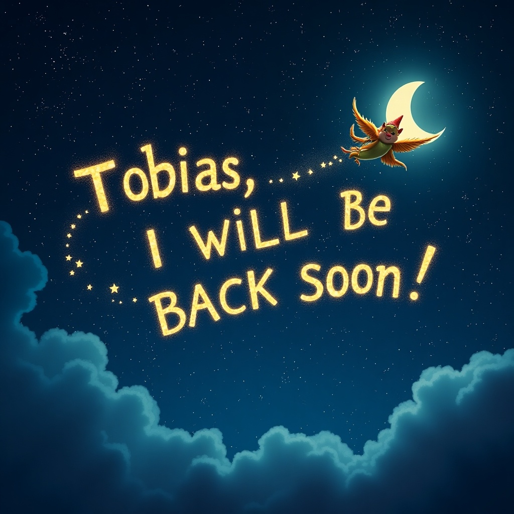 Imagine a whimsical scene set in a dark, starry night. An elf is flying through the sky, leaving a sparkling message for a child named Tobias. The message glows brightly against the deep blue backdrop, reading, 'TOBIAS, I WILL BE BACK SOON!' The elf has a playful expression, embodying the spirit of surprise and magic. This enchanting moment captures the joy and excitement of childhood, inviting imagination and wonder.