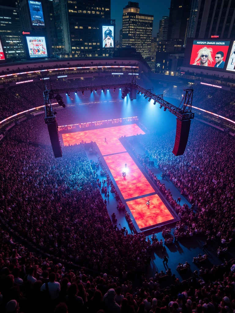 Concert at Madison Square Garden featuring Roddy Rich. Aerial perspective shows stage and audience. Bright runway lights illuminate the venue. Large crowd enjoys performance.