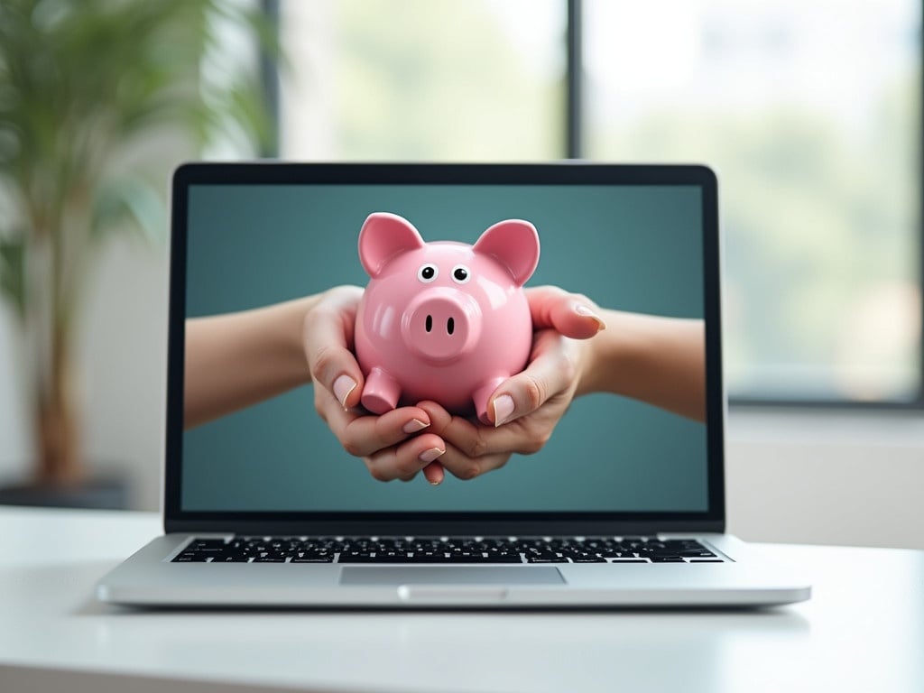 High detailed stock photography of laptop showing hands holding piggy bank. Hands and piggy bank appear to come out of screen. Image symbolizes online banking and digital savings. Piggy bank represents savings. Laptop signifies managing finances digitally.