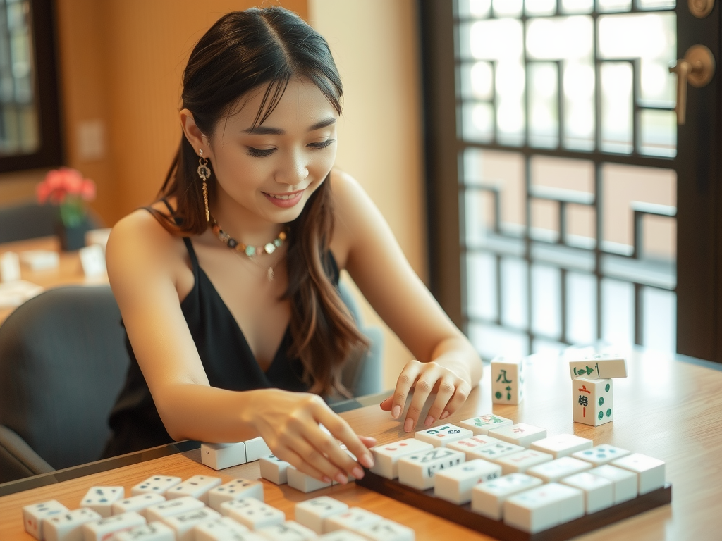 A woman with long dark hair plays a game of Mahjong at a wooden table, smiling and focused.