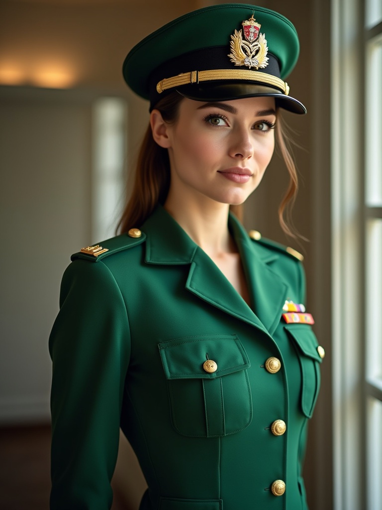 A woman stands indoors wearing a green military-style uniform with a cap. The setting features a window allowing natural light, emphasizing a blend of authority and style. The uniform details including medals are visible. The figure exudes confidence and elegance.