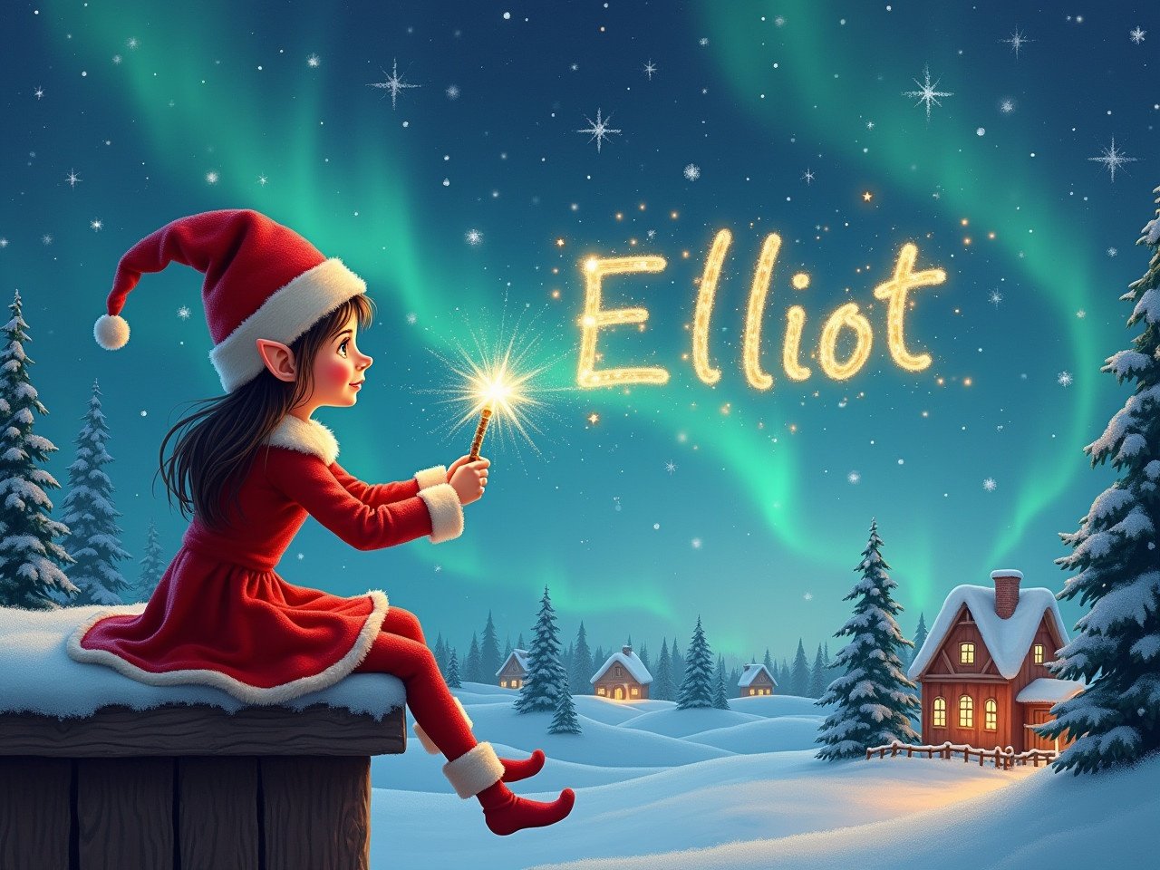 An elf wears a red outfit and a pointed hat. The elf sits on a wooden ledge. The elf gazes at the sky. The elf holds a sparkling wand. The elf writes 'Elliot' in the starry sky. The scene features a snowy landscape with small houses and evergreen trees. Northern Lights shimmer in the background. The elf adds the name 'Noelle' in the same sky.