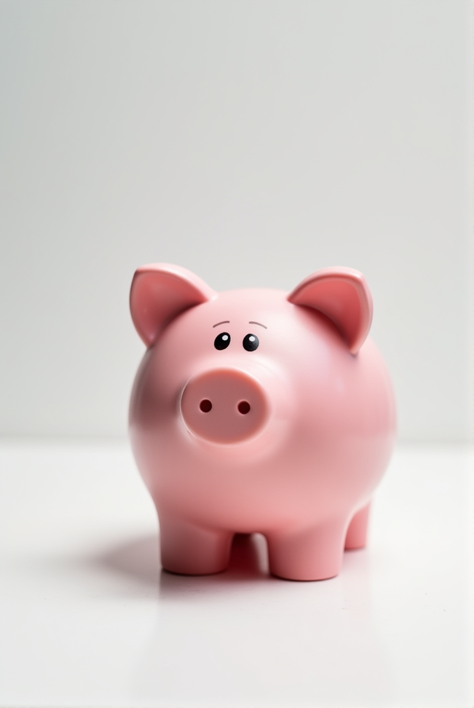 A simple pink piggy bank with a friendly expression, set against a clean, light background.