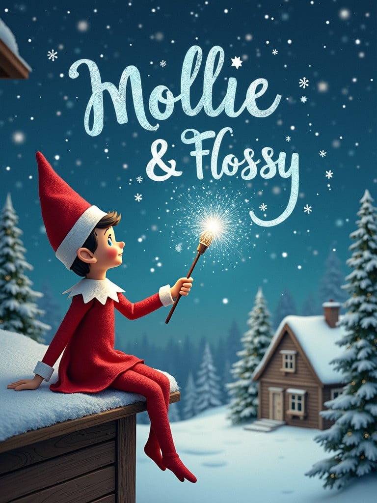 Elf sits on a wooden ledge looking at a magical starry sky. The elf wears a red outfit and a pointed hat holding a sparkling wand. The wand writes the name 'Mollie & Flossy' in the sky. The background has a snowy landscape with charming houses and evergreen trees. The scene captures childhood magic and Christmas cheer.