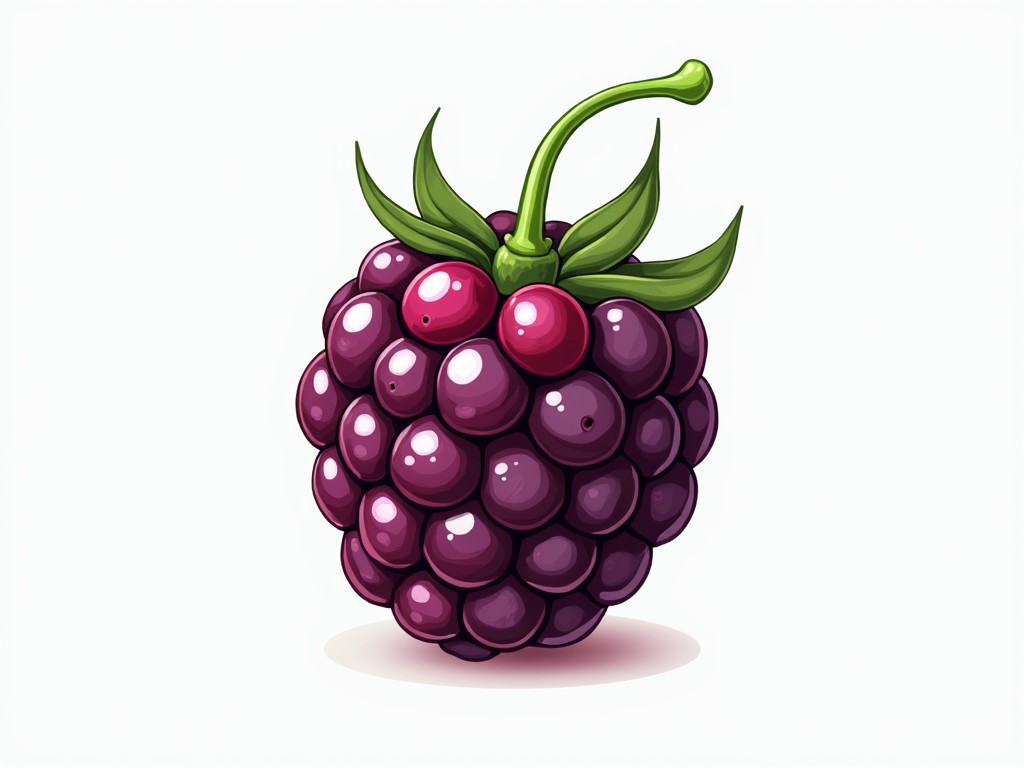 This image is a digital illustration of a beautifully detailed blackberry. The berry is depicted with a glossy texture and vibrant purple hue, making it appear juicy and ripe. The stem and leaves are a bright green, contrasting effectively with the dark berry to create a fresh, lively impression.