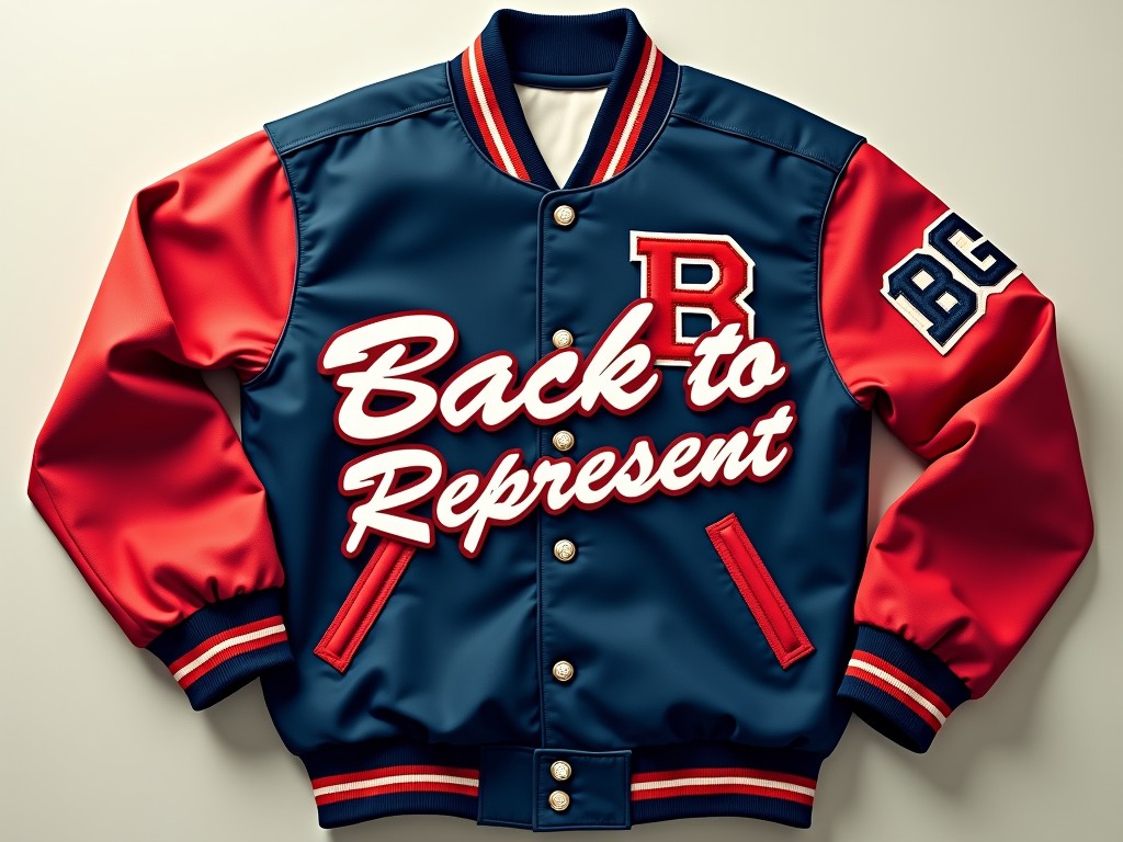 This image features a classic varsity jacket in a vivid color combination of red and navy blue, emblazoned with the phrase 'Back to Represent' on the front. The jacket includes striking details like bold lettering and ribbed cuffs, embodying a nostalgic sportswear aesthetic. This design captures a sense of school spirit and timeless fashion, ideal for those looking to stand out in a crowd.