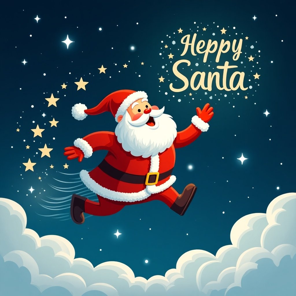 Santa flying in the sky. He wears a red suit with white trim. Background includes twinkling stars and clouds. Text says 'Happy Santa.'