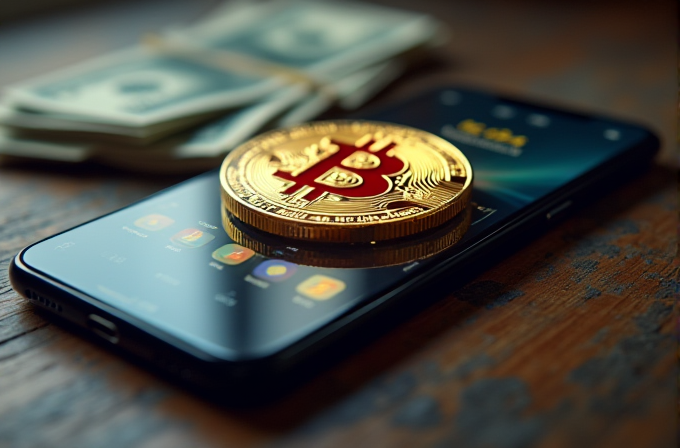 A shiny golden Bitcoin lies on a smartphone screen, with a stack of US dollar bills in the background on a wooden surface.