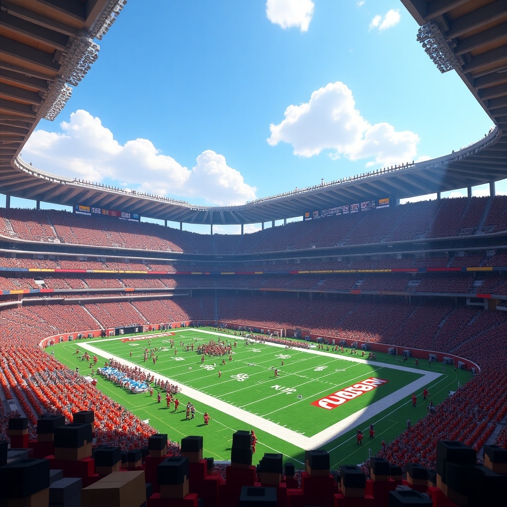 Image depicts a large Minecraft stadium designed for American football with the capacity of 150,000 fans. Stadium features architectural elements typical of Minecraft. Cost of construction is $13 billion. Bright blue sky with fluffy clouds above. A busy football game occurs on the field.