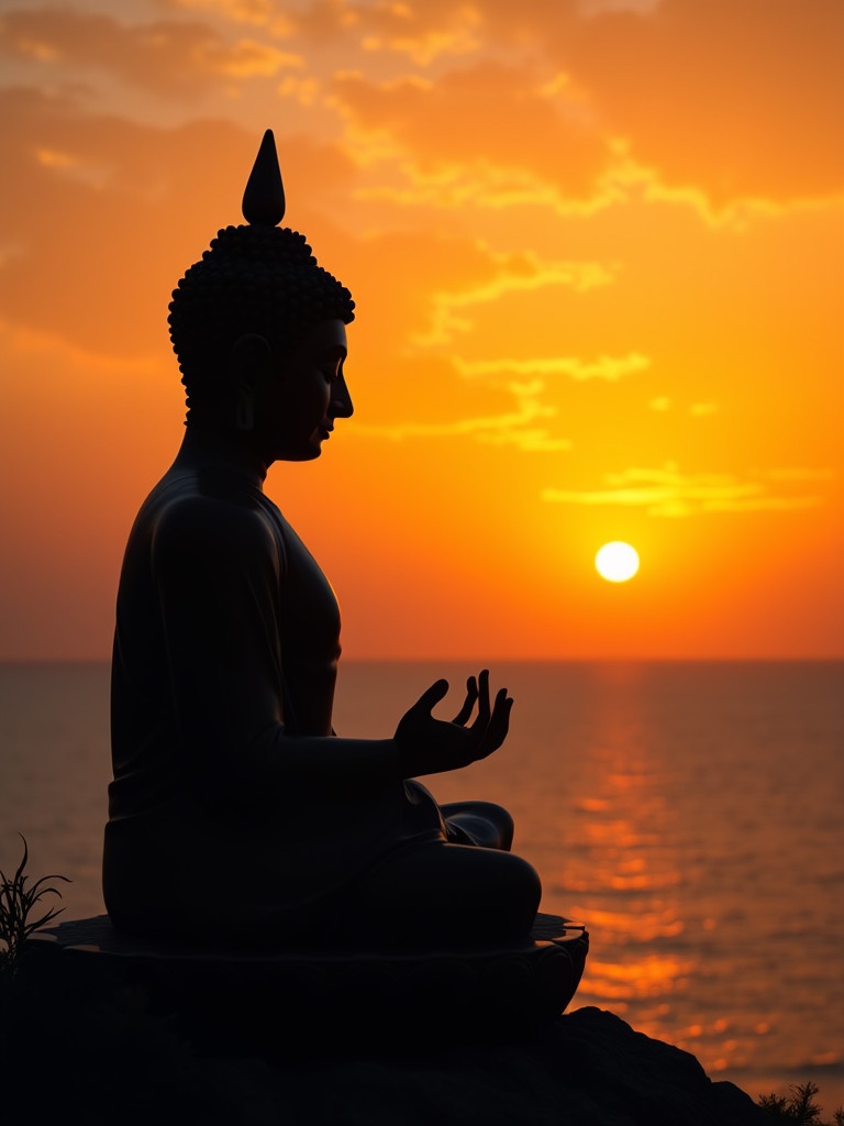 Silhouette of a Buddha statue in a meditative pose against a sunset ocean backdrop. The golden sun is setting on the horizon. The scene conveys a sense of peace and spirituality.