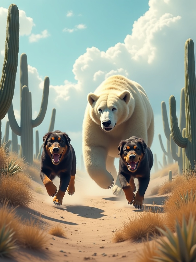 Two dogs run in a desert. Giant penguins stand nearby. A polar bear approaches. The landscape features cacti. Daylight shines on the scene. The mood is adventurous and surreal.