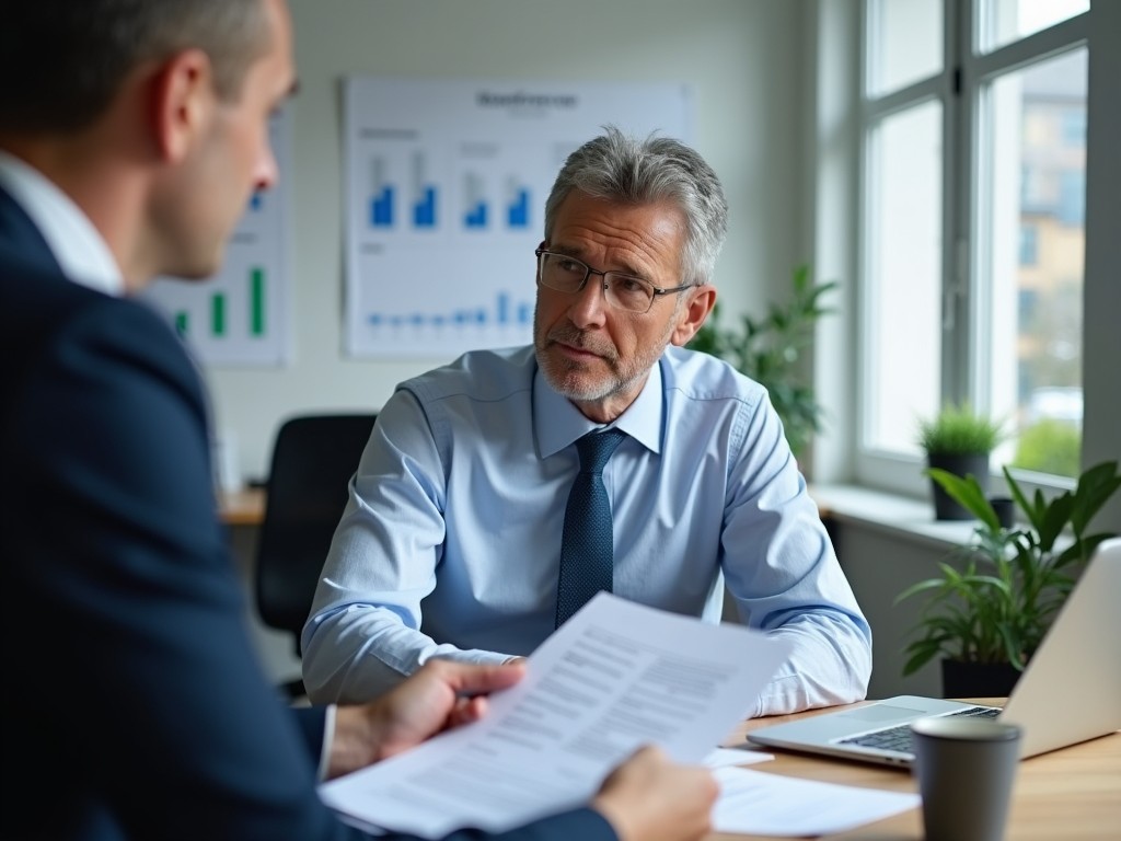 A professional business meeting scene with two businessmen discussing documents in an office setting, natural light coming from a window, modern corporate atmosphere.